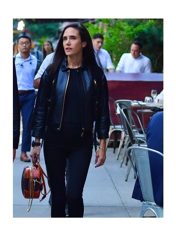 Jennifer Connelly wearing Blue Blazer, Grey Geometric Crew-neck Sweater,  Charcoal Jeans, Black Leather Ankle Boots